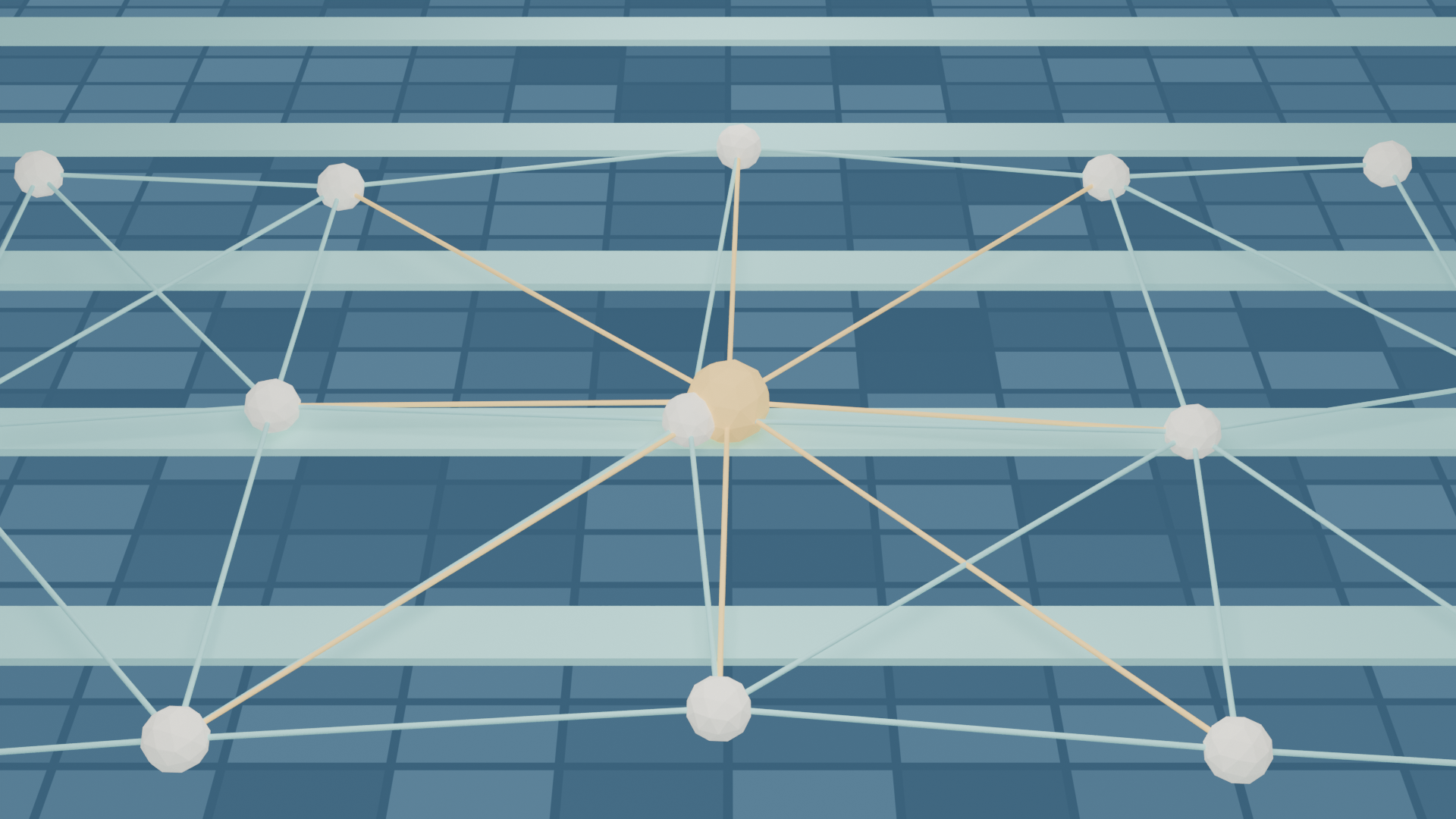 Blueprint-style concept render of a proposed self-healing field mesh: sensor nodes arranged in crop rows with relay links converging on a gateway node