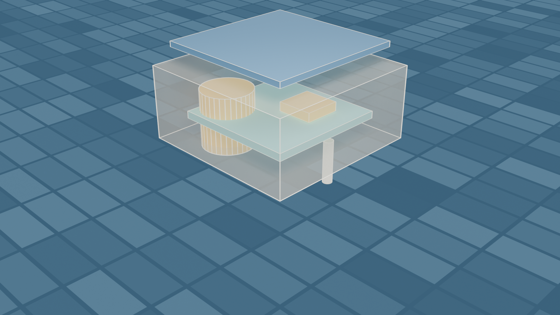 Blueprint-style concept render of the proposed AgriMesh field node: translucent housing with visible PCB, microcontroller, battery, solar panel, and soil stake
